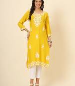 Yellow liva rayon chickenkari thread embroidery work formal looks indian ethnic kurta