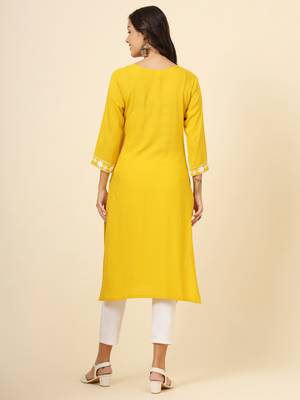 Yellow liva rayon chickenkari thread embroidery work formal looks indian ethnic kurta 2