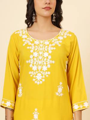 Yellow liva rayon chickenkari thread embroidery work formal looks indian ethnic kurta 3