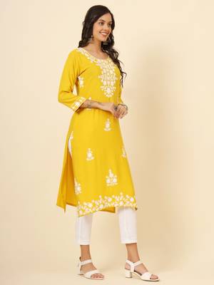 Yellow liva rayon chickenkari thread embroidery work formal looks indian ethnic kurta 4