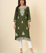 Green liva rayon chickenkari thread embroidery work formal looks indian ethnic kurta