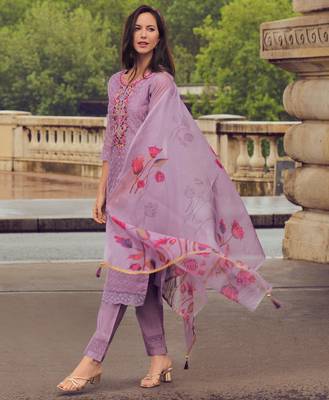 Lavender Chanderi Silk Chikankari Floral Bored Schiffli Embroidered Straight Kurta With Pant & Dupatta 4
