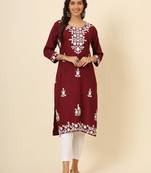 Maroon liva rayon chickenkari thread embroidery work formal looks indian ethnic kurta