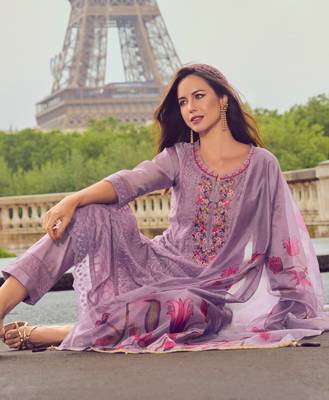  Lavender Chanderi Silk Chikankari Floral Bored Schiffli Embroidered Straight Kurta With Pant & Dupatta 5