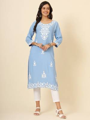 Sky blue liva rayon chickenkari thread embroidery work formal looks indian ethnic kurta 1