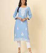 Sky blue liva rayon chickenkari thread embroidery work formal looks indian ethnic kurta
