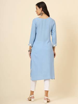 Sky blue liva rayon chickenkari thread embroidery work formal looks indian ethnic kurta 2