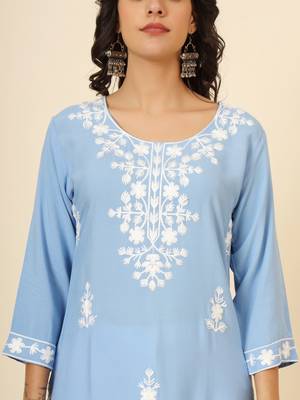 Sky blue liva rayon chickenkari thread embroidery work formal looks indian ethnic kurta 3