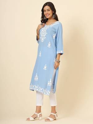 Sky blue liva rayon chickenkari thread embroidery work formal looks indian ethnic kurta 4