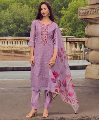  Lavender Chanderi Silk Chikankari Floral Bored Schiffli Embroidered Straight Kurta With Pant & Dupatta 1