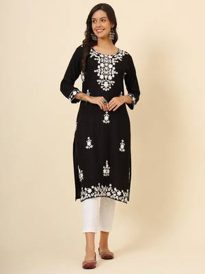 Black liva rayon chickenkari thread embroidery work formal looks indian ethnic kurta 1