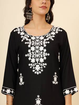 Black liva rayon chickenkari thread embroidery work formal looks indian ethnic kurta 3