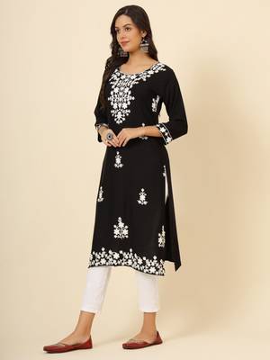 Black liva rayon chickenkari thread embroidery work formal looks indian ethnic kurta 4