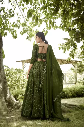 Mehendi Georgette Sequance Embroidery Work Heavy Looks Bridal Lehenga For Ceremonial Looks