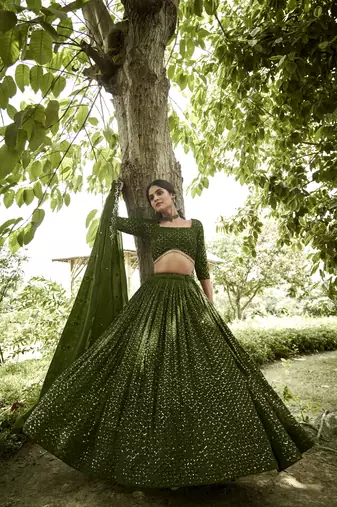 Mehendi Georgette Sequance Embroidery Work Heavy Looks Bridal Lehenga For Ceremonial Looks