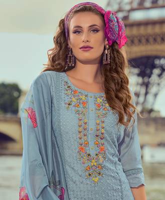  Blue Chanderi Silk Chikankari Floral Bored Schiffli Embroidered Straight Kurta With Pant & Dupatta 3