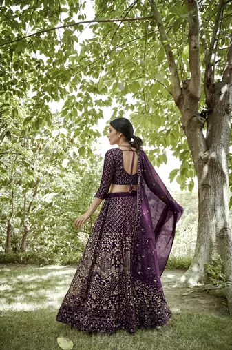 Dark Purple Georgette Sequance Embroidery Work Heavy Looks Bridal Lehenga For Ceremonial Looks