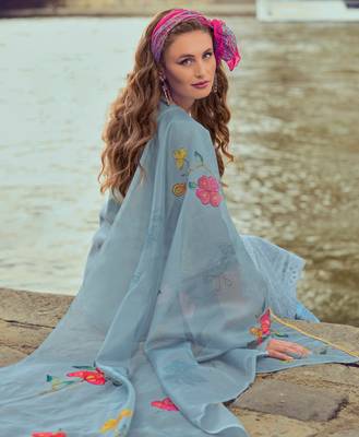  Blue Chanderi Silk Chikankari Floral Bored Schiffli Embroidered Straight Kurta With Pant & Dupatta 4