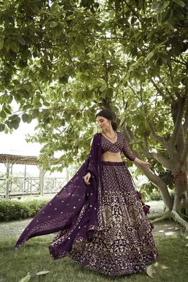 Dark Purple Georgette Sequance Embroidery Work Heavy Looks Bridal Lehenga For Ceremonial Looks 1