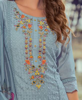  Blue Chanderi Silk Chikankari Floral Bored Schiffli Embroidered Straight Kurta With Pant & Dupatta 5