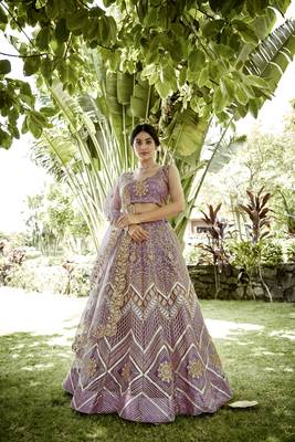 Onion Net Ribbon Embroidery Work Heavy Looks Bridal Lehenga For Ceremonial Looks 1