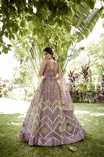 Onion Net Ribbon Embroidery Work Heavy Looks Bridal Lehenga For Ceremonial Looks