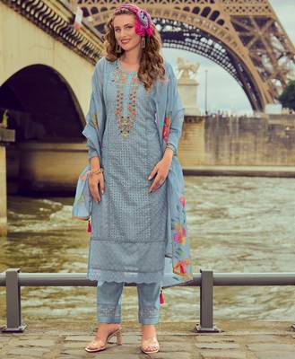  Blue Chanderi Silk Chikankari Floral Bored Schiffli Embroidered Straight Kurta With Pant & Dupatta 1