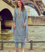  Blue Chanderi Silk Chikankari Floral Bored Schiffli Embroidered Straight Kurta With Pant & Dupatta