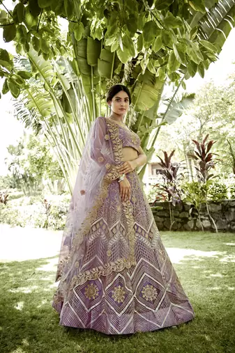 Onion Net Ribbon Embroidery Work Heavy Looks Bridal Lehenga For Ceremonial Looks