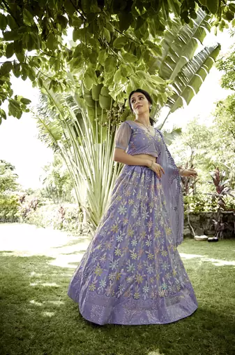 Light Purple Silk Net Sequence Embroidery Work Heavy Looks Bridal Lehenga For Ceremonial Looks