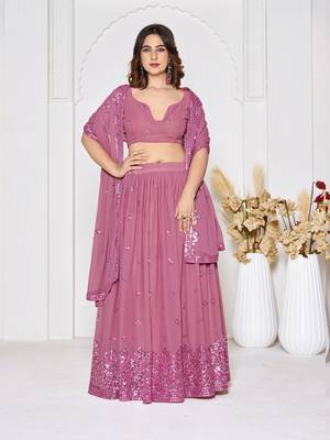 Dusty Pink Georgette Sequence Embroidery Work Heavy Looks Bridal Lehenga For Ceremonial Looks 1