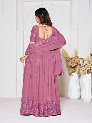 Dusty Pink Georgette Sequence Embroidery Work Heavy Looks Bridal Lehenga For Ceremonial Looks 2