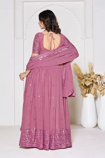 Dusty Pink Georgette Sequence Embroidery Work Heavy Looks Bridal Lehenga For Ceremonial Looks
