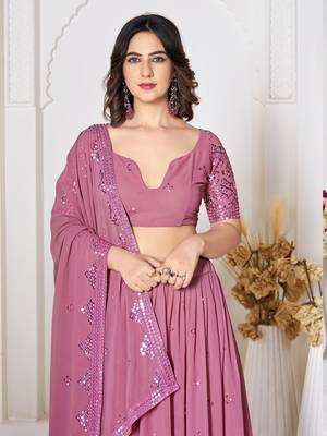 Dusty Pink Georgette Sequence Embroidery Work Heavy Looks Bridal Lehenga For Ceremonial Looks 3