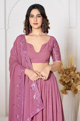 Dusty Pink Georgette Sequence Embroidery Work Heavy Looks Bridal Lehenga For Ceremonial Looks