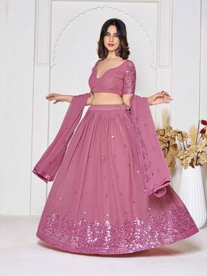 Dusty Pink Georgette Sequence Embroidery Work Heavy Looks Bridal Lehenga For Ceremonial Looks 4