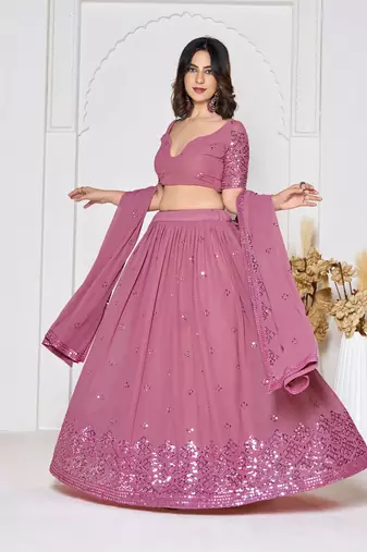 Dusty Pink Georgette Sequence Embroidery Work Heavy Looks Bridal Lehenga For Ceremonial Looks