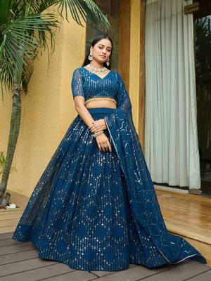 Teal Georgette Sequence Embroidery Work Heavy Looks Bridal Lehenga For Ceremonial Looks 1