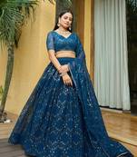 Teal Georgette Designer Sequence Embroidery Work Heavy Looks Bridal Lehenga For Ceremonial Looks