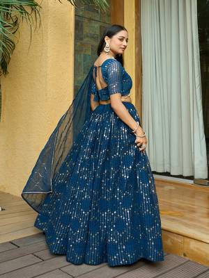 Teal Georgette Sequence Embroidery Work Heavy Looks Bridal Lehenga For Ceremonial Looks 2