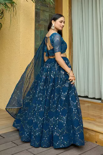 Teal Georgette Sequence Embroidery Work Heavy Looks Bridal Lehenga For Ceremonial Looks