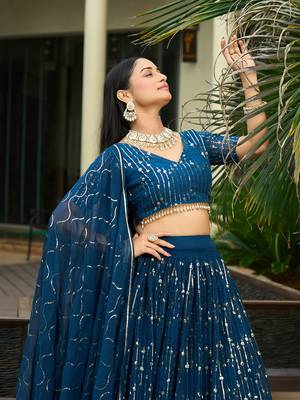 Teal Georgette Sequence Embroidery Work Heavy Looks Bridal Lehenga For Ceremonial Looks 3