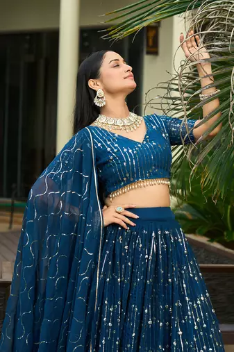Teal Georgette Sequence Embroidery Work Heavy Looks Bridal Lehenga For Ceremonial Looks