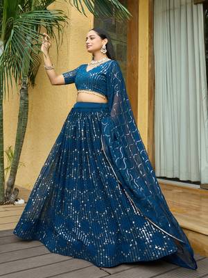 Teal Georgette Sequence Embroidery Work Heavy Looks Bridal Lehenga For Ceremonial Looks 4