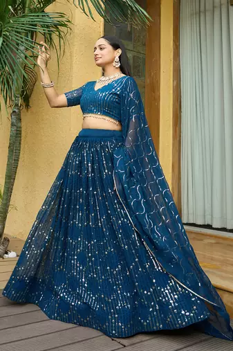 Teal Georgette Sequence Embroidery Work Heavy Looks Bridal Lehenga For Ceremonial Looks