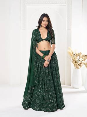 Green Georgette Sequence Embroidery Work Heavy Looks Bridal Lehenga For Ceremonial Looks 1