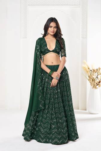 Green Georgette Designer Sequence Embroidery Work Heavy Looks Bridal Lehenga For Ceremonial Looks
