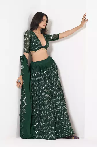 Green Georgette Sequence Embroidery Work Heavy Looks Bridal Lehenga For Ceremonial Looks