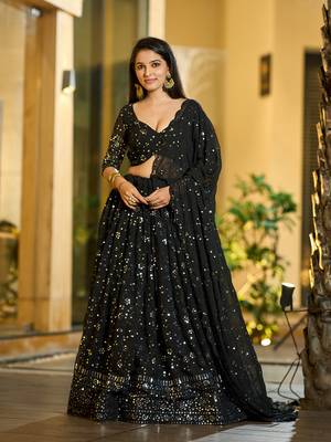 Black Georgette Sequence Embroidery Work Heavy Looks Bridal Lehenga For Ceremonial Looks 1