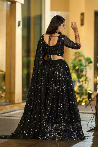 Black Georgette Sequence Embroidery Work Heavy Looks Bridal Lehenga For Ceremonial Looks